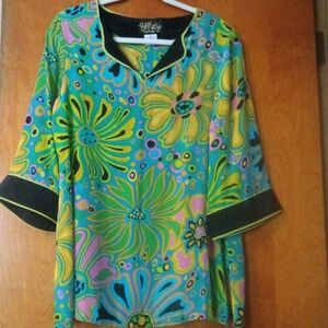 Bob Mackie Blue and Green Graphic 3/4 Sleeve Blouse